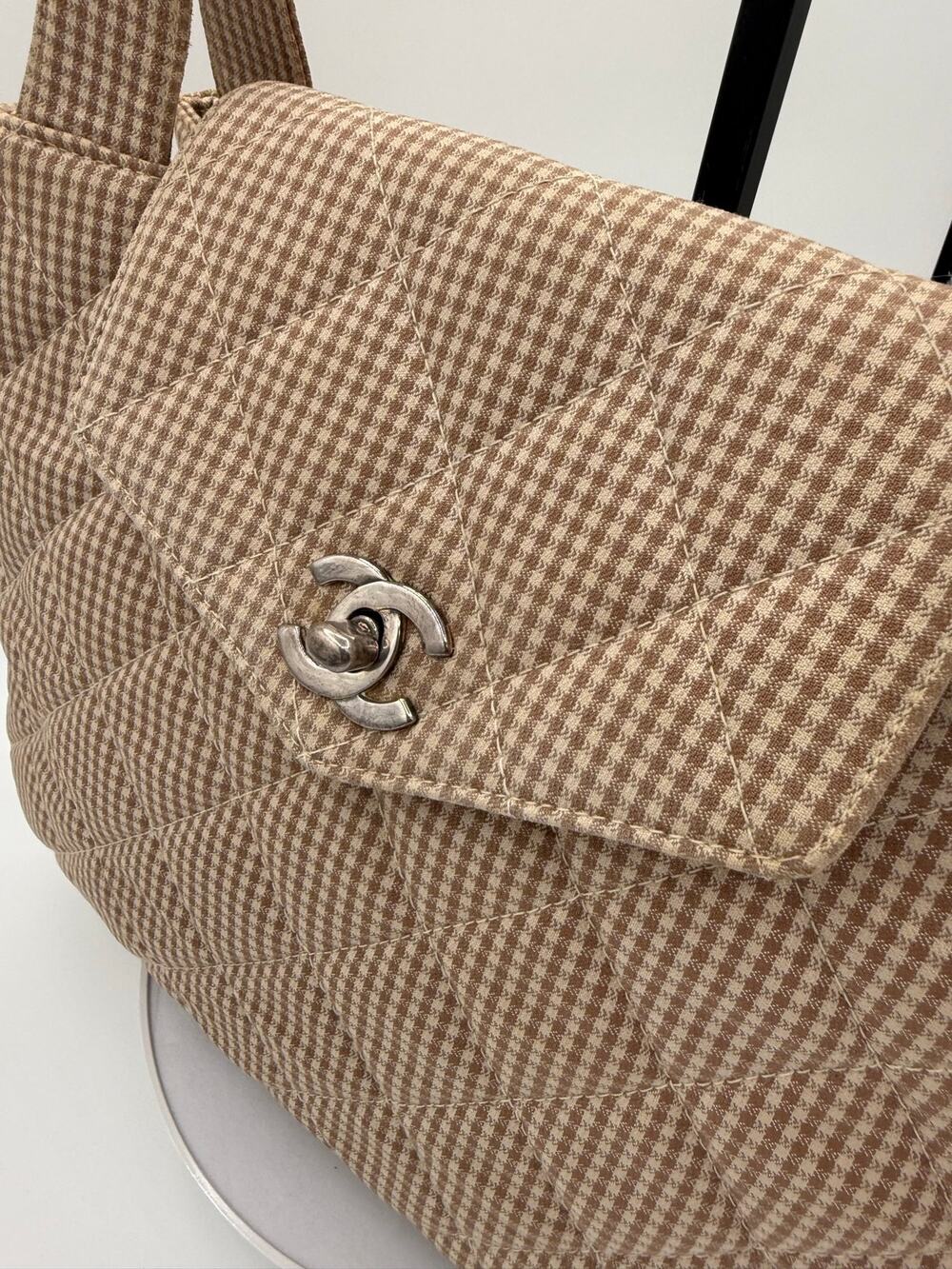 Chanel Beige & White Gingham Canvas Handbag